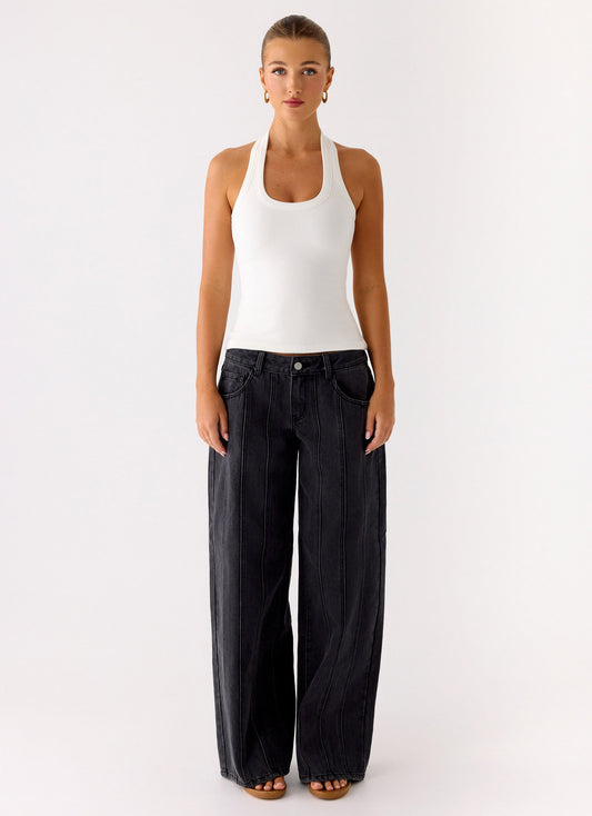 Johnny Low Rise Wide Leg Denim Jeans - Grey Charcoal