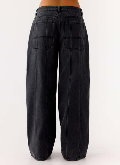 Johnny Low Rise Wide Leg Denim Jeans - Grey Charcoal