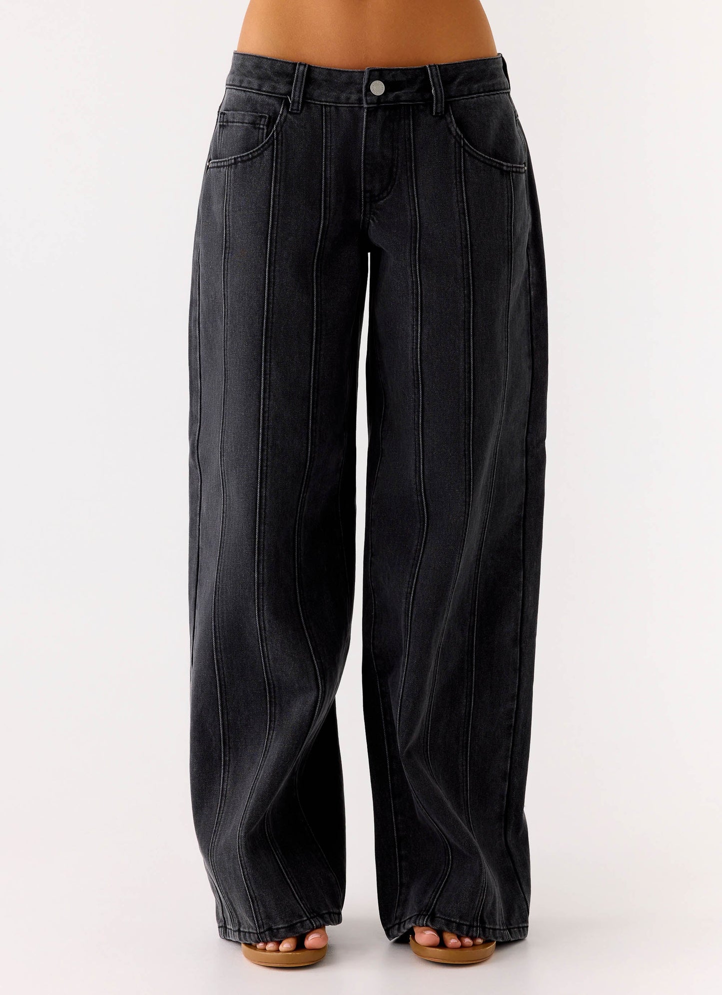Johnny Low Rise Wide Leg Denim Jeans - Grey Charcoal